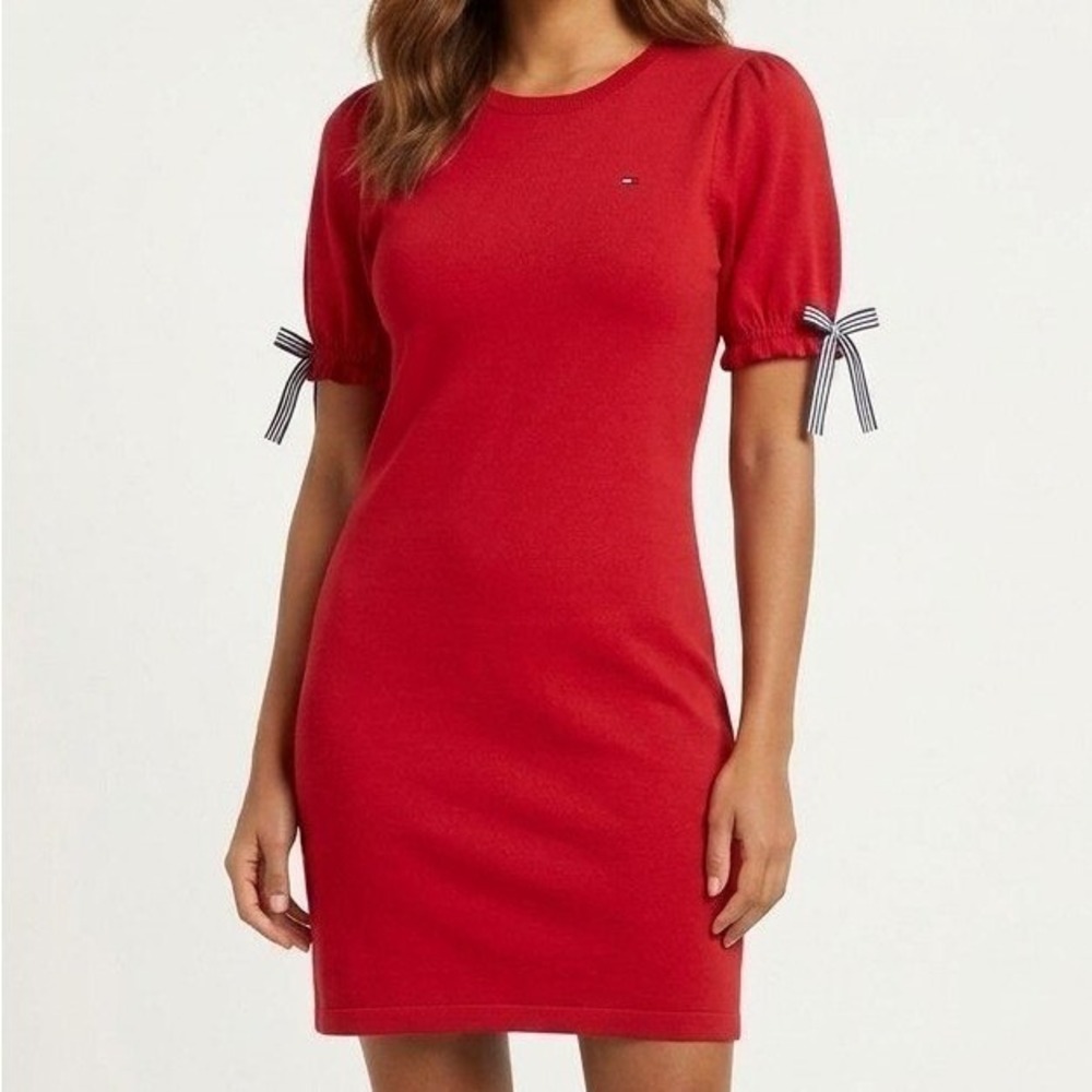 Tommy Hilfiger Red Puff Sleeve T-Shirt Dress Petite Small Striped Bow Preppy